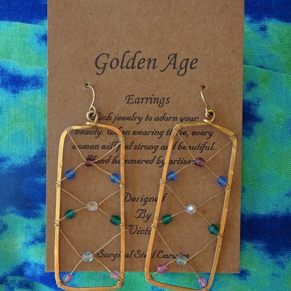 Golden Age Handcrafted Artisan Beaded Colorful Rectangle Big Statement Earrings - Picture 2 of 8